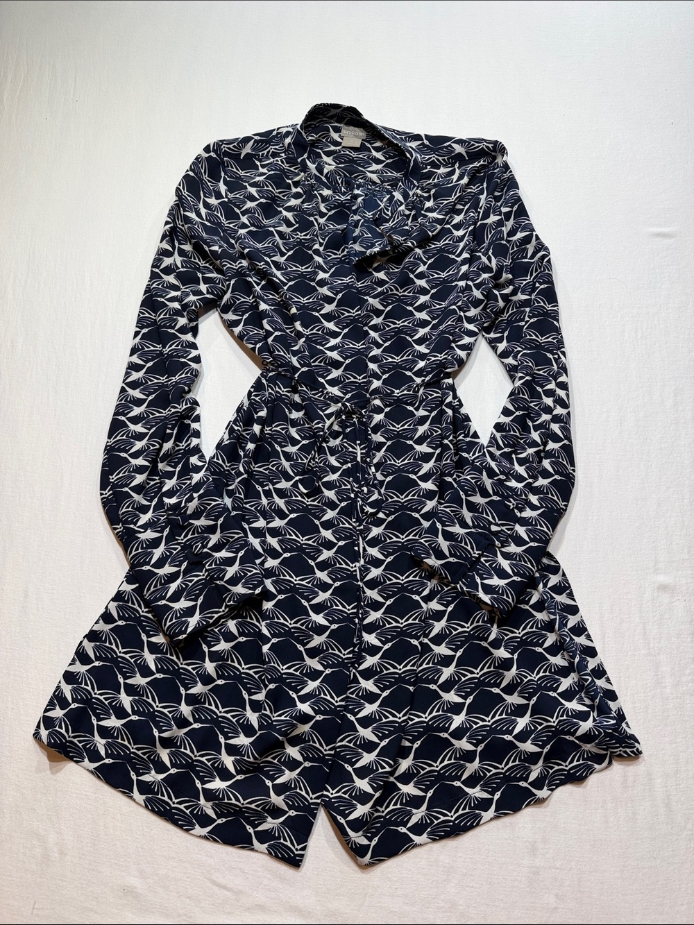 Chico's Navy and White Long-Sleeve Printed Tie-Waist Dress